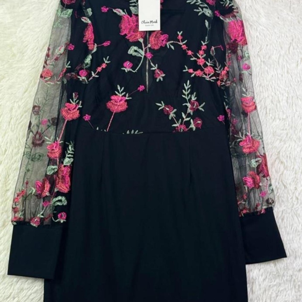 Olivia Mark Black Floral Embroidered Mesh Bodycon Mini Dress Size Large NWT